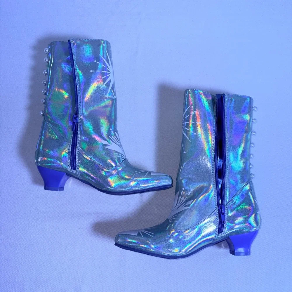 Disney Frozen kids Elsa Boots Size 2/3 Blue Holographic Iridescent Faux Pearl